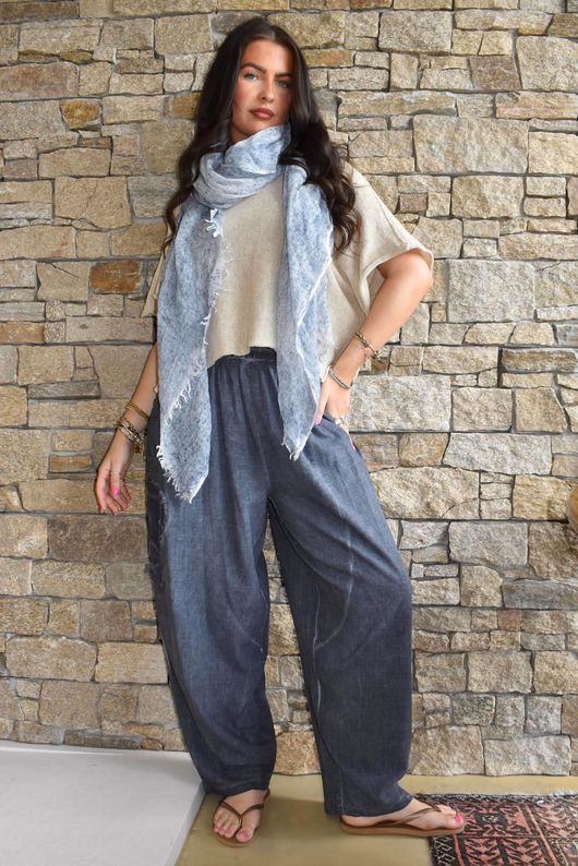 Lindin Linen Blend Crochet Flower Barrel Pant Washed Navy